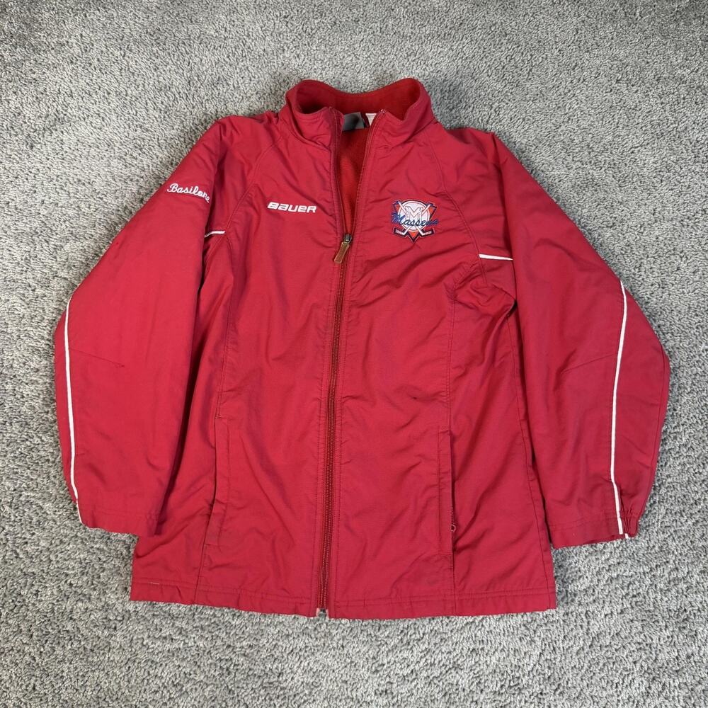 Bauer Jacket Boys M Red Windbreaker Fleece Lined Hockey Zip Pockets Logo